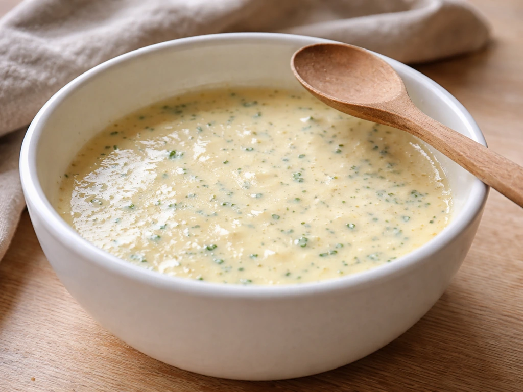 Gros plan sur un bol d’œufs fouettés avec lait, crème et fromage aux herbes, texture crémeuse avant de verser.