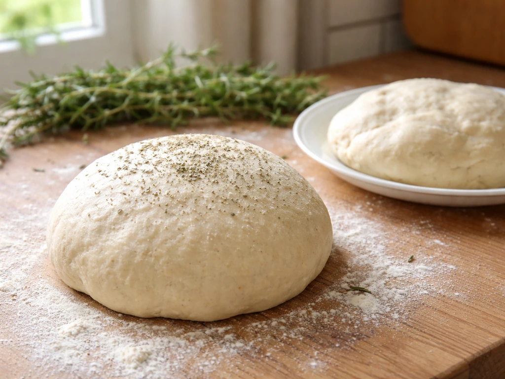 Pâte à pizza herbes de Provence sur plan de travail, assiette prête à cuire, herbes fraîches visibles.