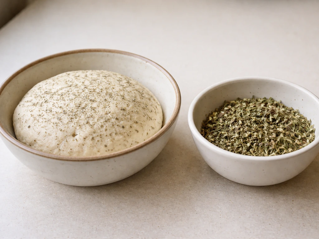 Deux bols de herbes : herbes sèches dans la pâte et herbes fraîches en finition, effet visuel comparatif.