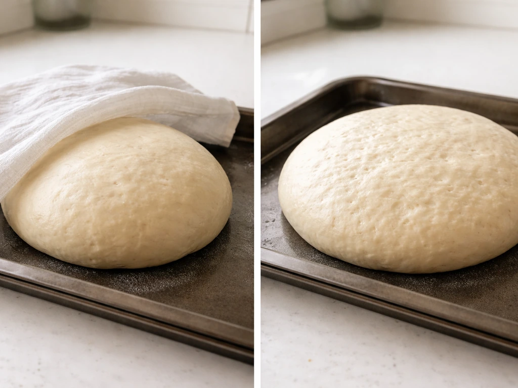 Pâton de pâte couvert gonflant sur une plaque, alvéoles discrètes visibles après levée