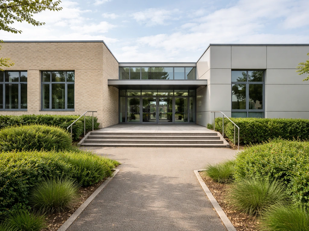Façade du groupe scolaire Saint-Germain-la-Blanche-Herbe avec entrée, vue extérieure en lumière naturelle.