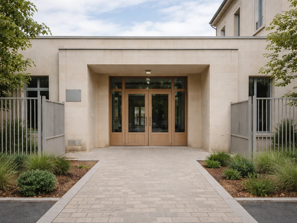 Façade d’un groupe scolaire avec entrée et panneau discret, indiquant Saint-Germain-la-Blanche-Herbe