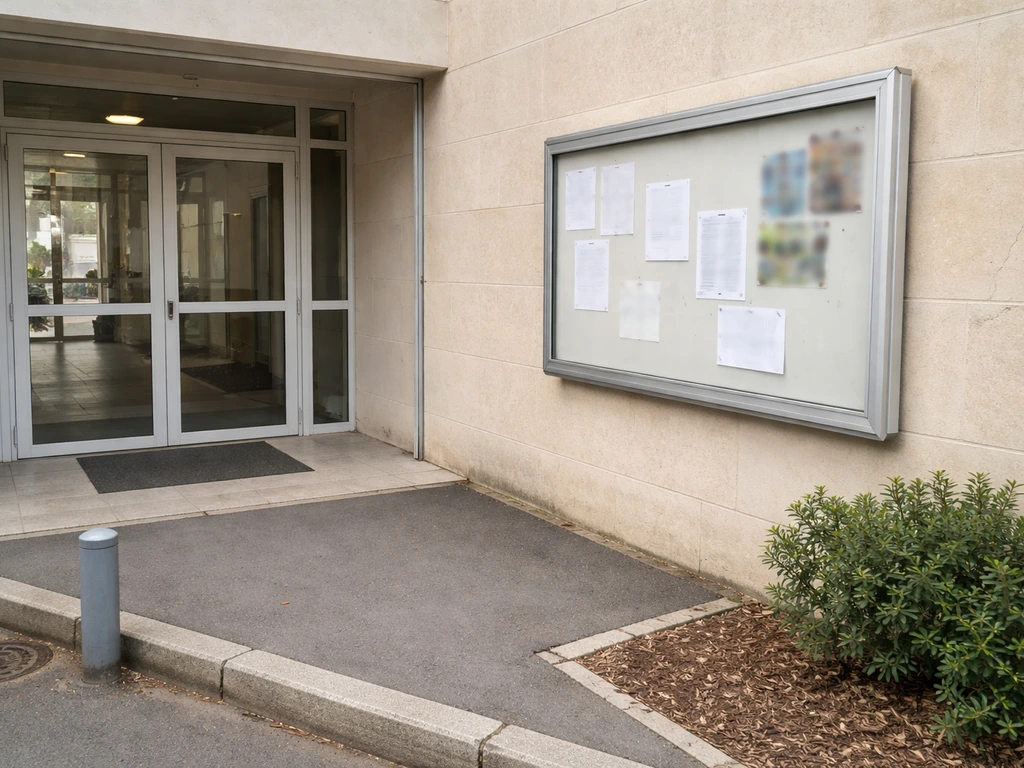 Panneau d’affichage près de l’entrée d’une école, ambiance pour trouver horaires et services.