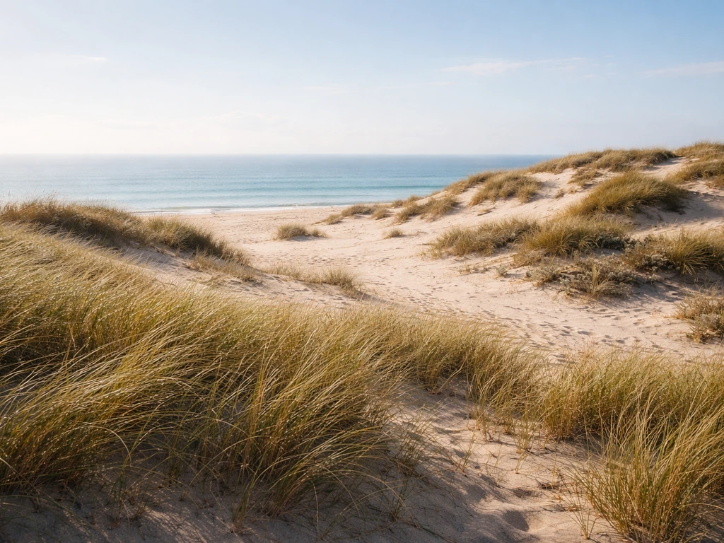 Dunes et herbe rase du littoral au Cap de L’Herbe, fin de matinée, textures et lumière naturelle.