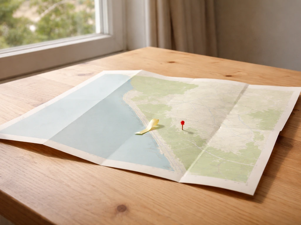 Carte papier ouverte sur une table avec deux repères colorés pour distinguer deux lieux en France.