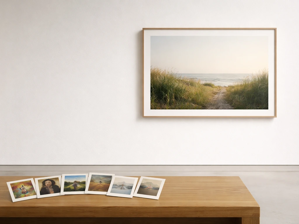 Salle de musée minimaliste avec vignettes de cinq peintures et, à côté, une photo de lisière littorale et d’herbe.
