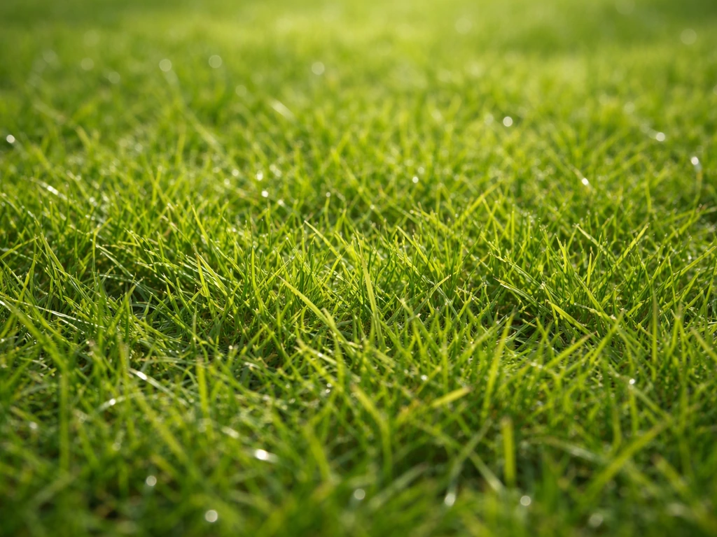 Gros plan réaliste d’une pelouse peinte : brins d’herbe et taches lumineuses donnant profondeur et texture.