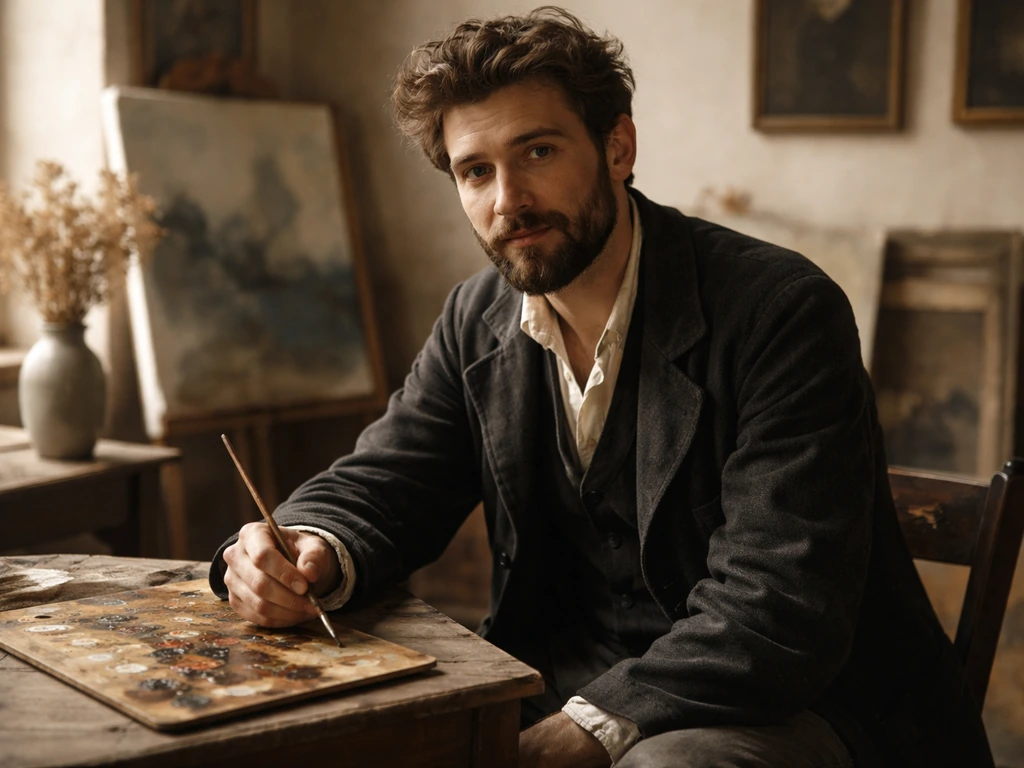 Portrait réaliste d’Édouard Manet assis dans un atelier, pinceaux et toile en arrière-plan.