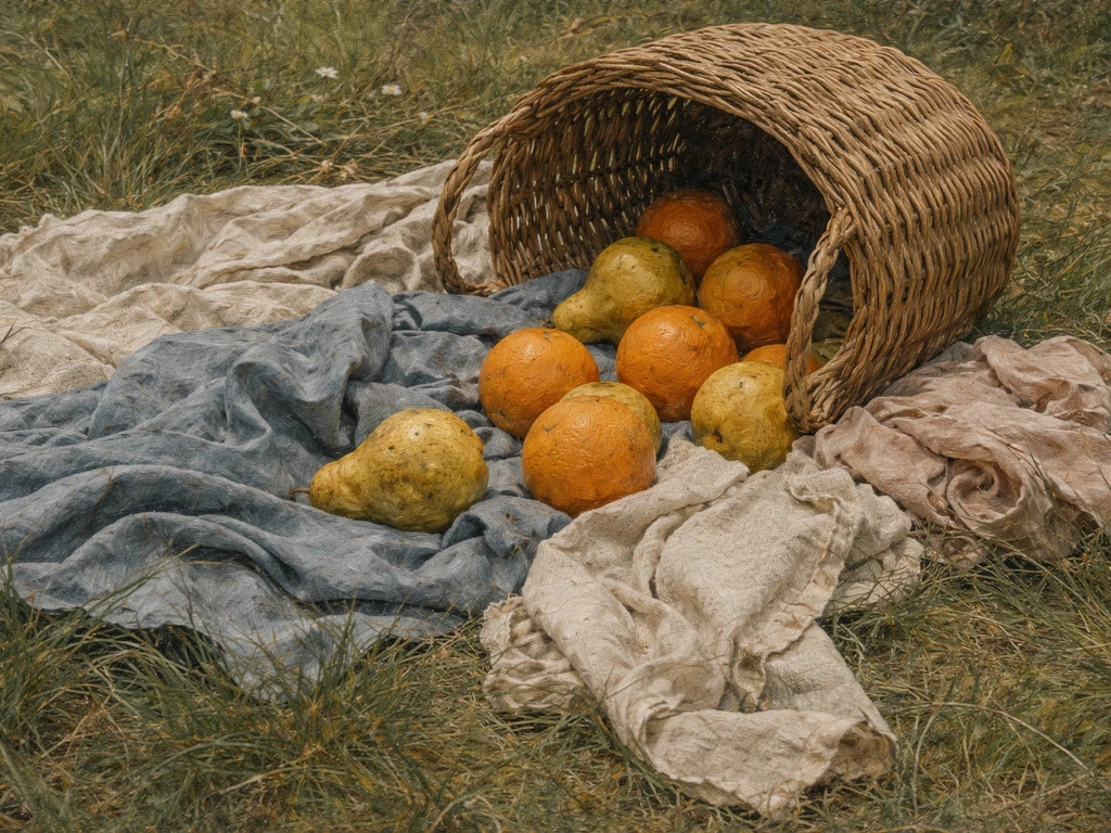 Détail d’un tableau : un panier renversé, des fruits et des vêtements sur l’herbe, lumière plate.