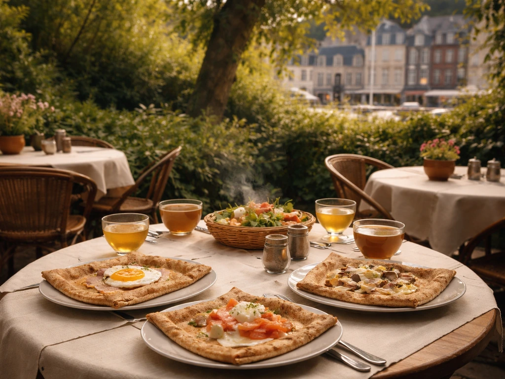 Terrasse verte à Honfleur avec galettes/crêpes normandes au premier plan, lumière naturelle et ambiance plein air