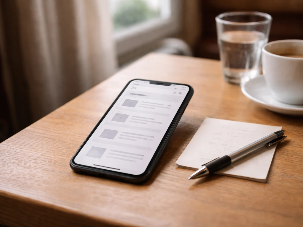 Smartphone montrant une page de menu en ligne sur une table, ambiance calme à Honfleur.