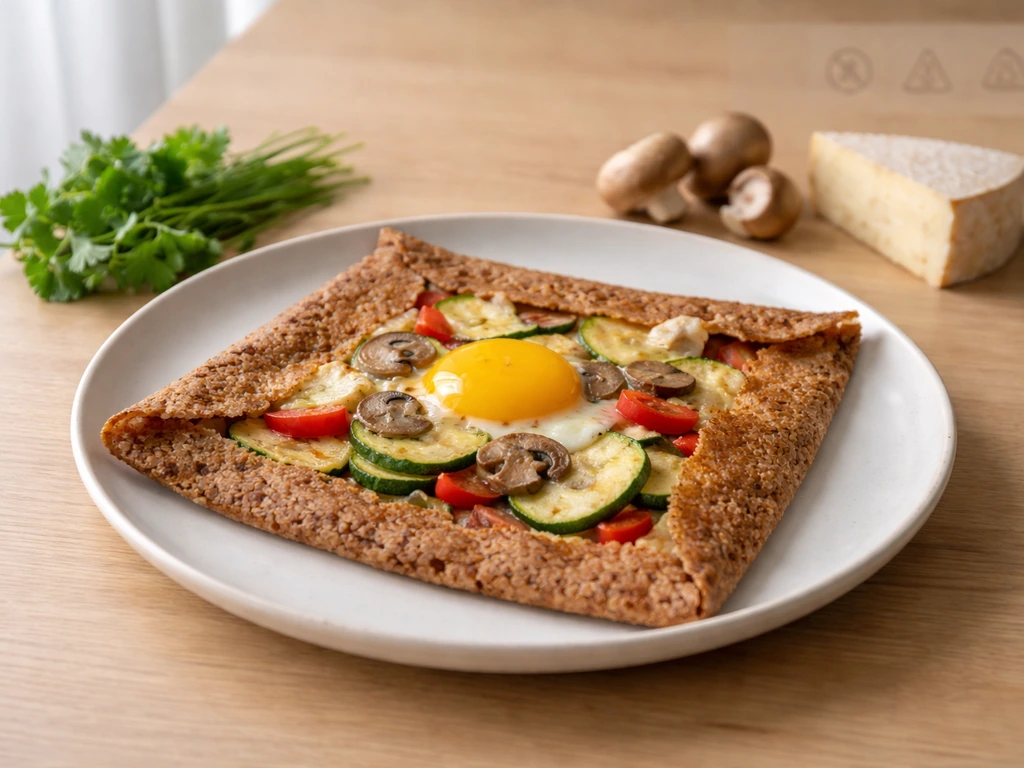 Assiette de galette de sarrasin végétarienne normande avec légumes, œuf et fromage local, ambiance simple