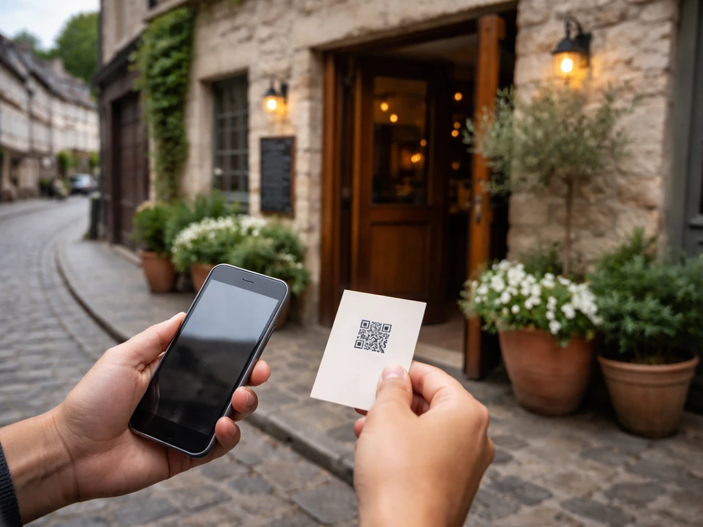 Devanture d’un restaurant à Honfleur avec une personne anonyme montrant un téléphone et une carte de réservation.