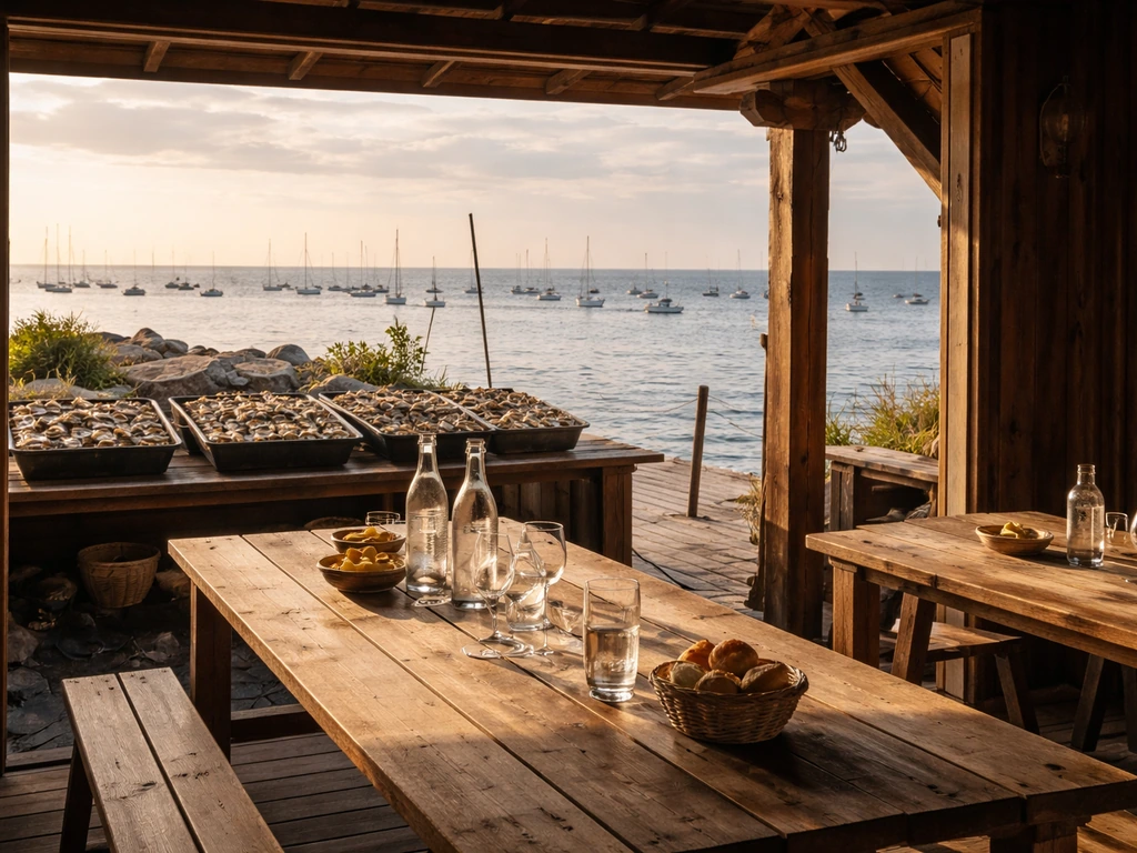 Cabane ostréicole à L’Herbe (Cap Ferret) au bord du Bassin, tables prêtes pour déguster des huîtres.
