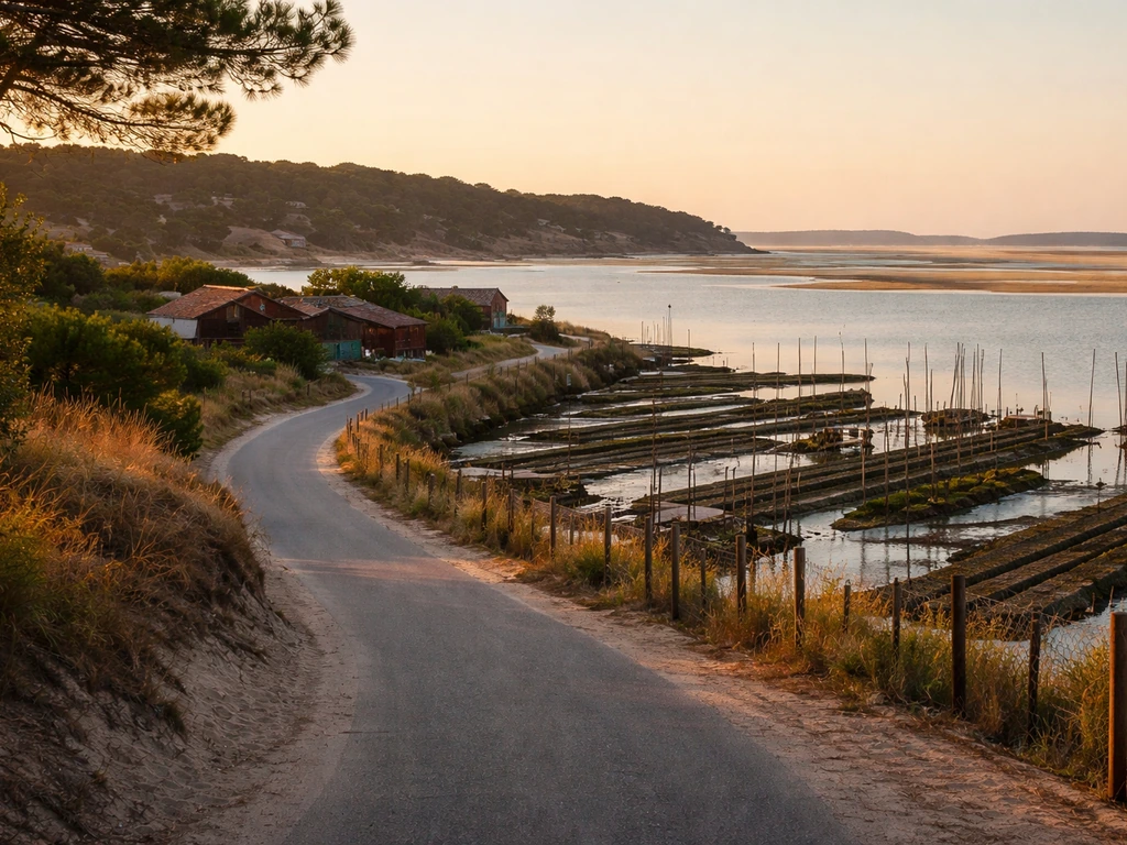 Côte du Cap Ferret avec vue sur le Bassin d’Arcachon, routes côtières et maisons ostréicoles au premier plan.