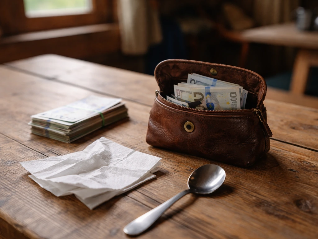 Porte-monnaie ouvert et billets en euros sur une table en bois de cabane, avec serviettes et ustensiles.