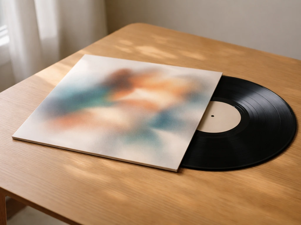 Vinyle et pochette d’album sur une table en bois, ambiance années 2000, sans texte lisible.