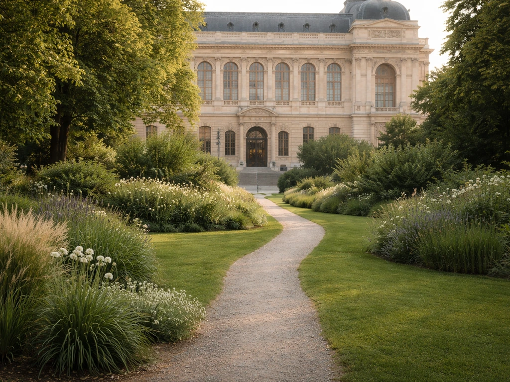 Vue d’un jardin avec herbe verte et chemin menant vers un bâtiment de musée, ambiance paisible à Paris.