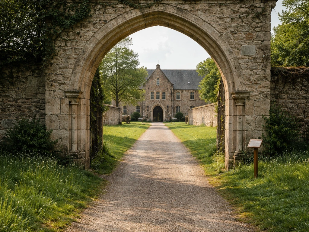 Entrée d’une abbaye normande avec chemin en gravier et herbe au premier plan, repère discret près de l’allée.