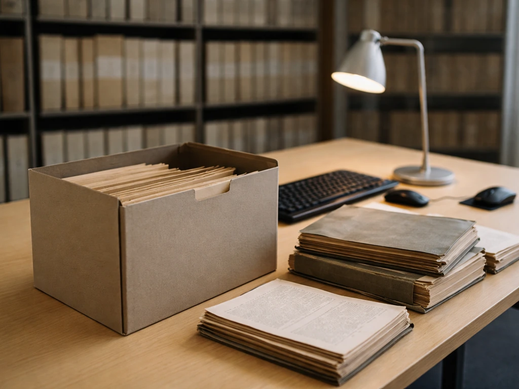 Bureau de consultation d’archives avec boîtes et dossiers, ambiance calme d’accès aux fonds de recherche.