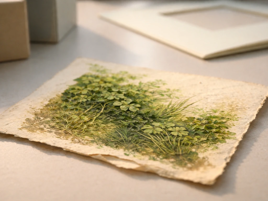 Détail d’une œuvre avec des verts d’herbe sur une table de consultation en milieu d’archives.