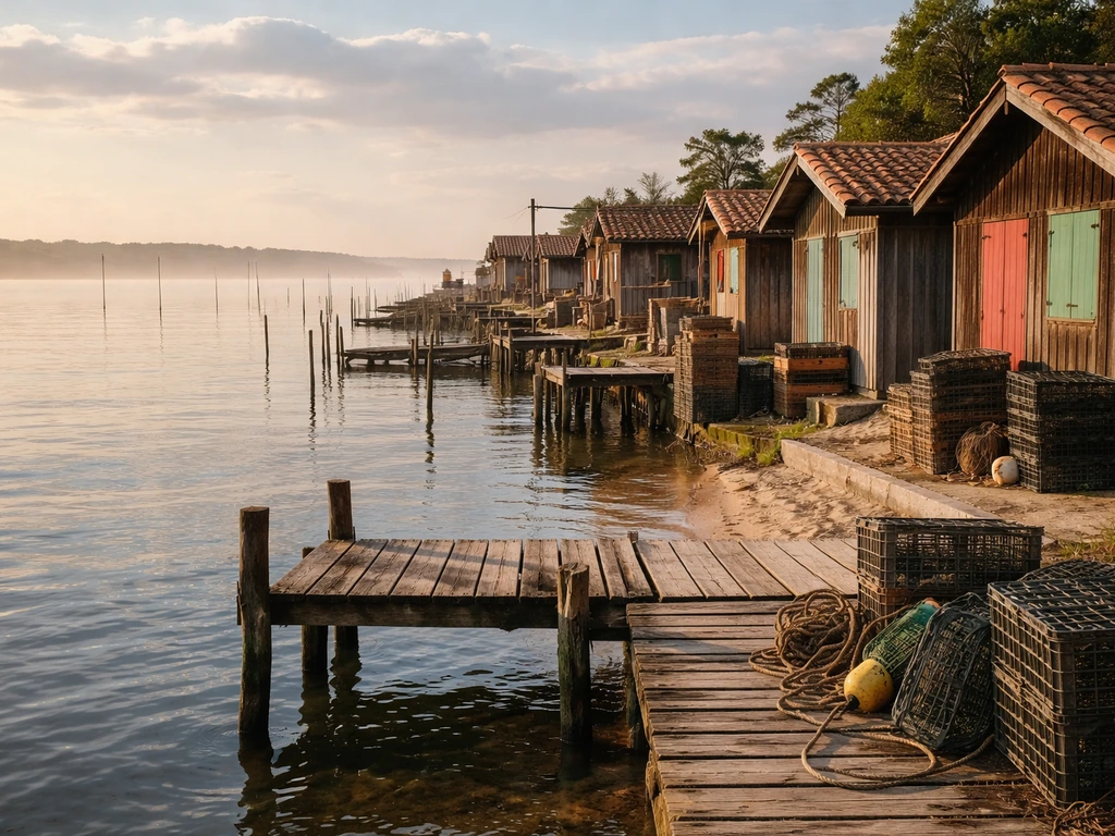 Cabanes ostréicoles au bord du bassin à L’Herbe, au Cap Ferret, lumière de marée et ambiance maritime