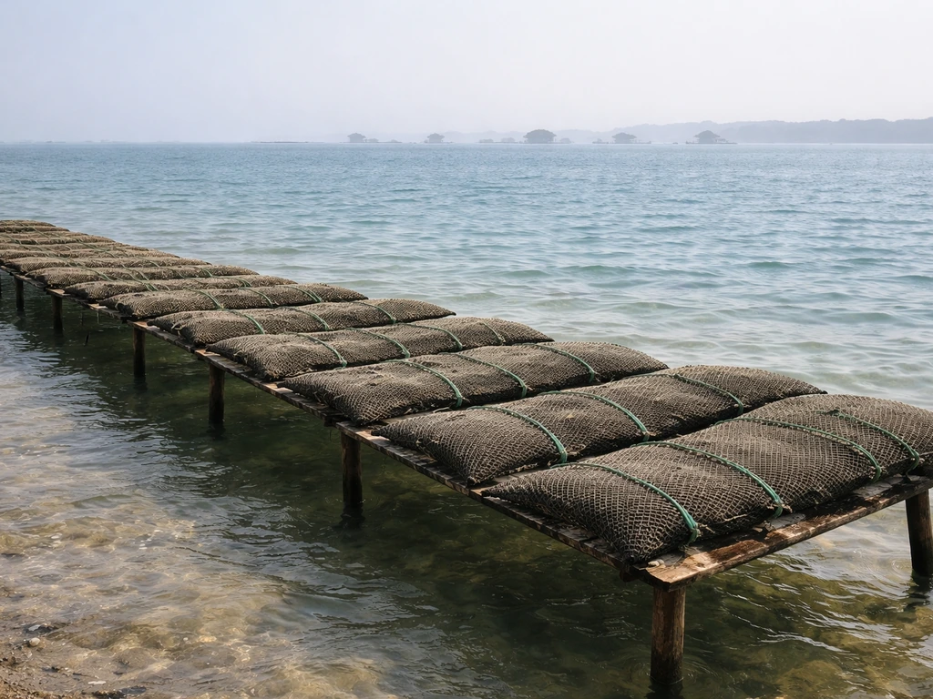 Rangées d’huîtres sur des tables de production, avec le bassin d’Arcachon au loin.