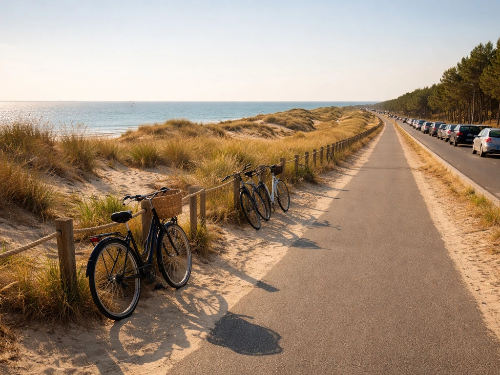 Piste cyclable du Cap Ferret au bord de la mer, route et stationnement suggérant l’été.
