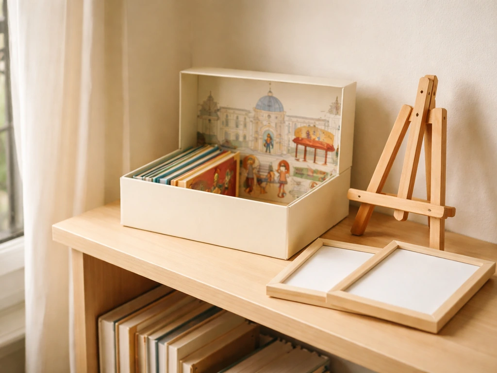 Étendue d’objets culturels sur une étagère : livres jeunesse et cadres vides, suggérant institution vs exposition