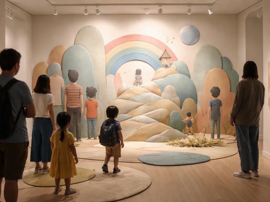 Installation immersive au Musée en Herbe avec décor poétique et lumière douce, visiteurs anonymes de dos.