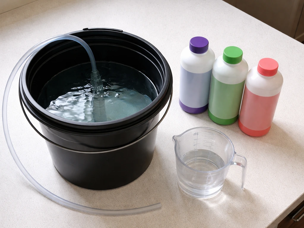 Top-down hydroponic reservoir with three nutrient bottles ready for mixing in a minimal setup.