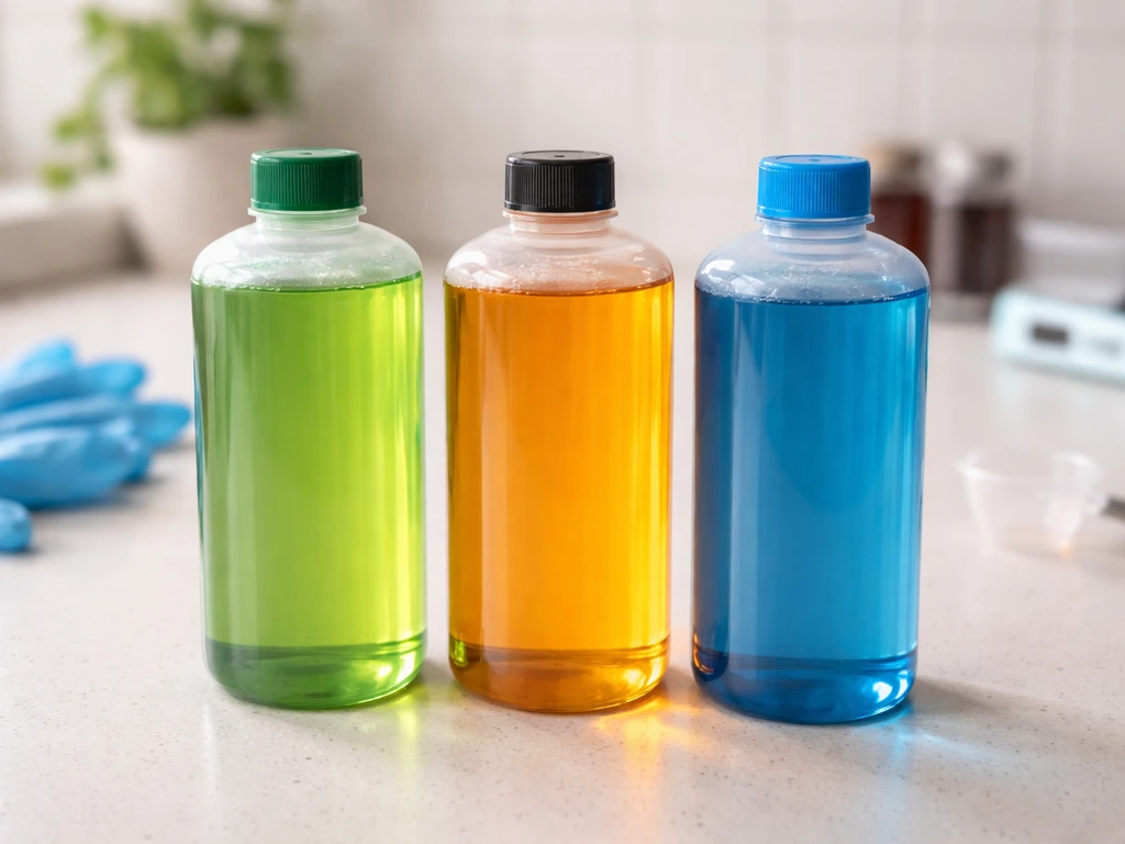 Three nutrient bottles (Micro, Grow, Bloom) lined up on a clean countertop for a DIY grow kit setup.