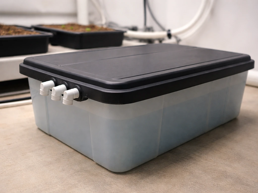 Hydroponic setup with a covered nutrient reservoir and opaque light-blocking cover to prevent algae.
