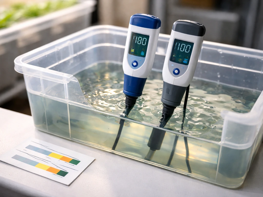 Clear nutrient reservoir with pH meter and thermometer probes and test strips on a clean surface.