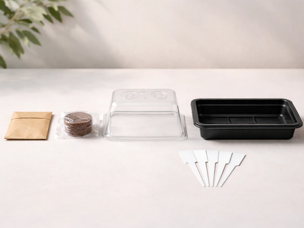 Giant sequoia grow kit components laid out side-by-side: seeds, compressed coir puck, mini greenhouse dome, tray, labels