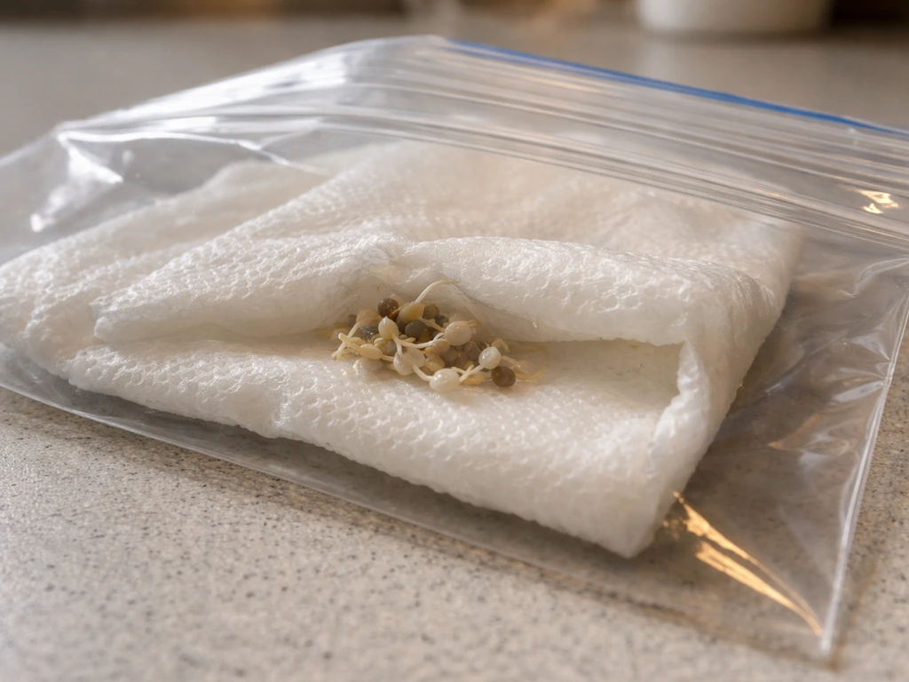 Seeds resting on a damp paper towel sealed in a clear bag, ready for refrigeration.