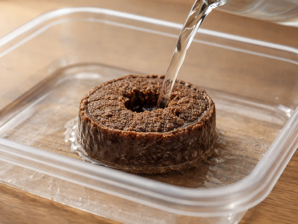 Compressed growing medium puck in a clear tray expanding as warm water pours onto it.