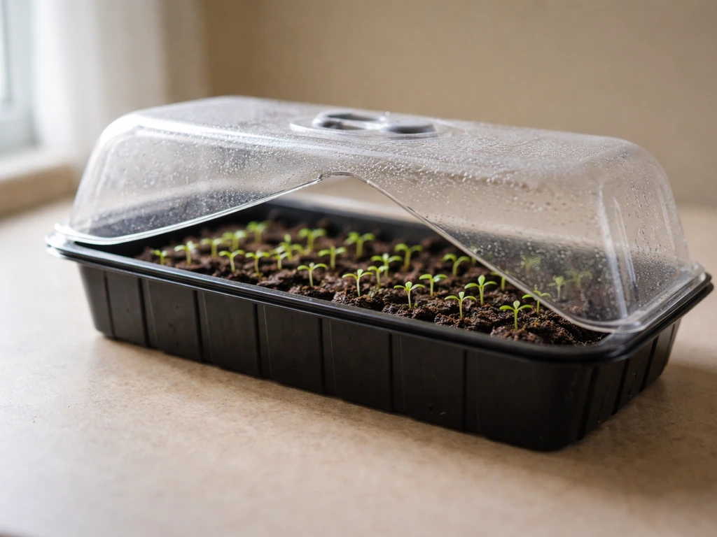 Close-up of tiny seedlings inside a mini greenhouse dome propped open for venting
