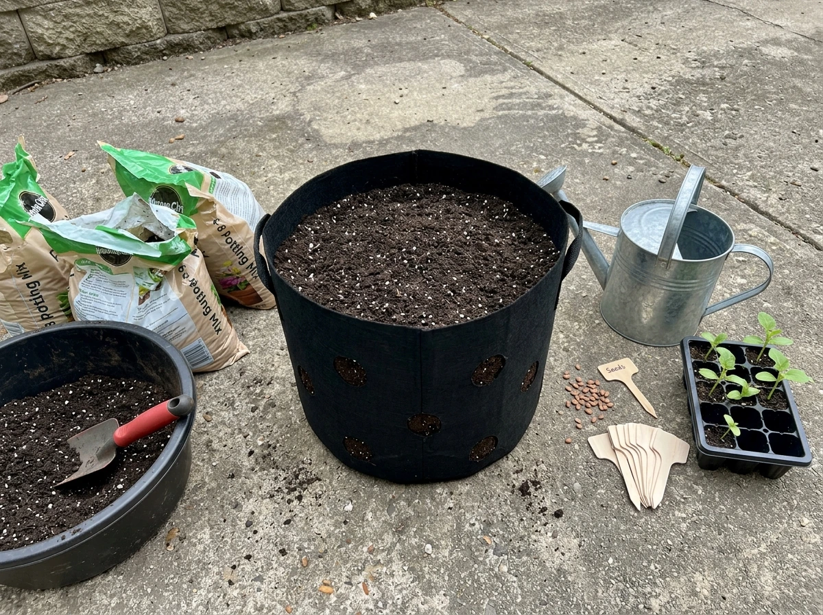 Grow bag prep with potting mix, seeds or transplants, and tools laid out