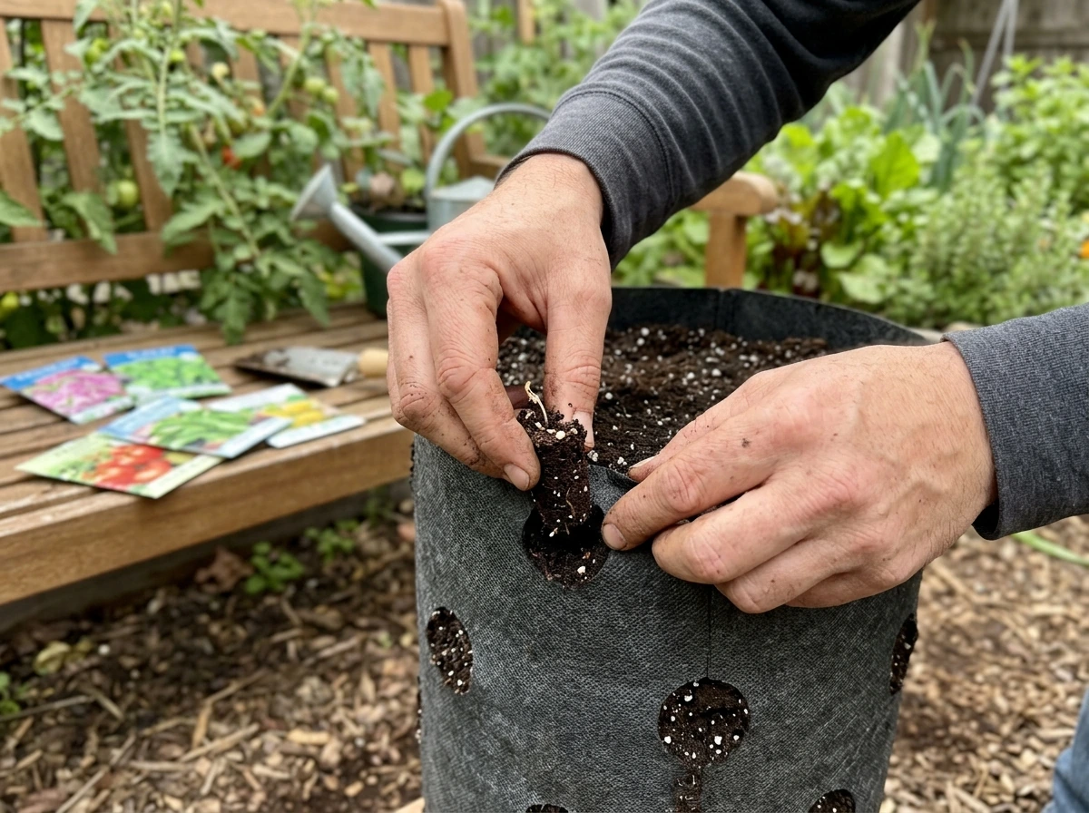 Planting seeds into Blooming Acres grow bag side holes