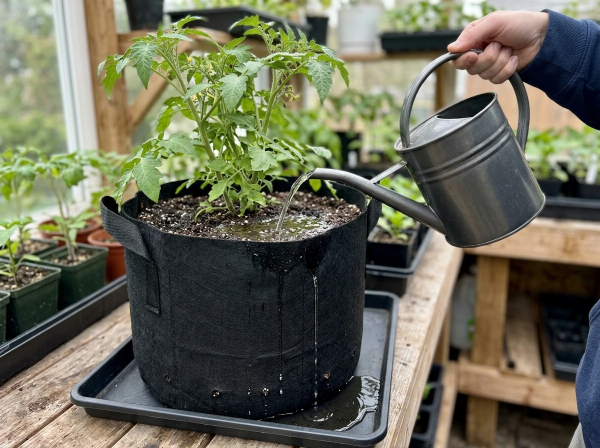 Slow, even watering around the top of a grow bag