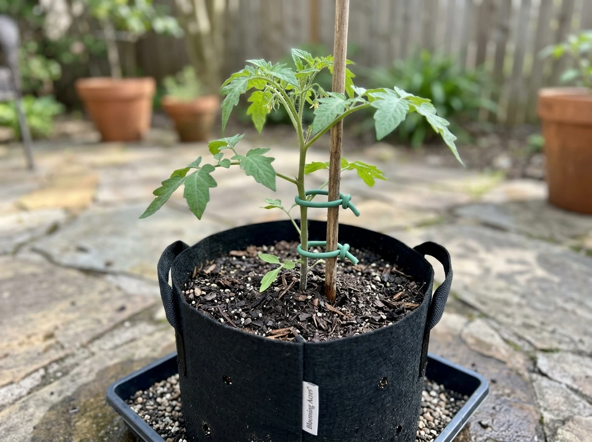 Staking a vining plant in a grow bag with tidy support
