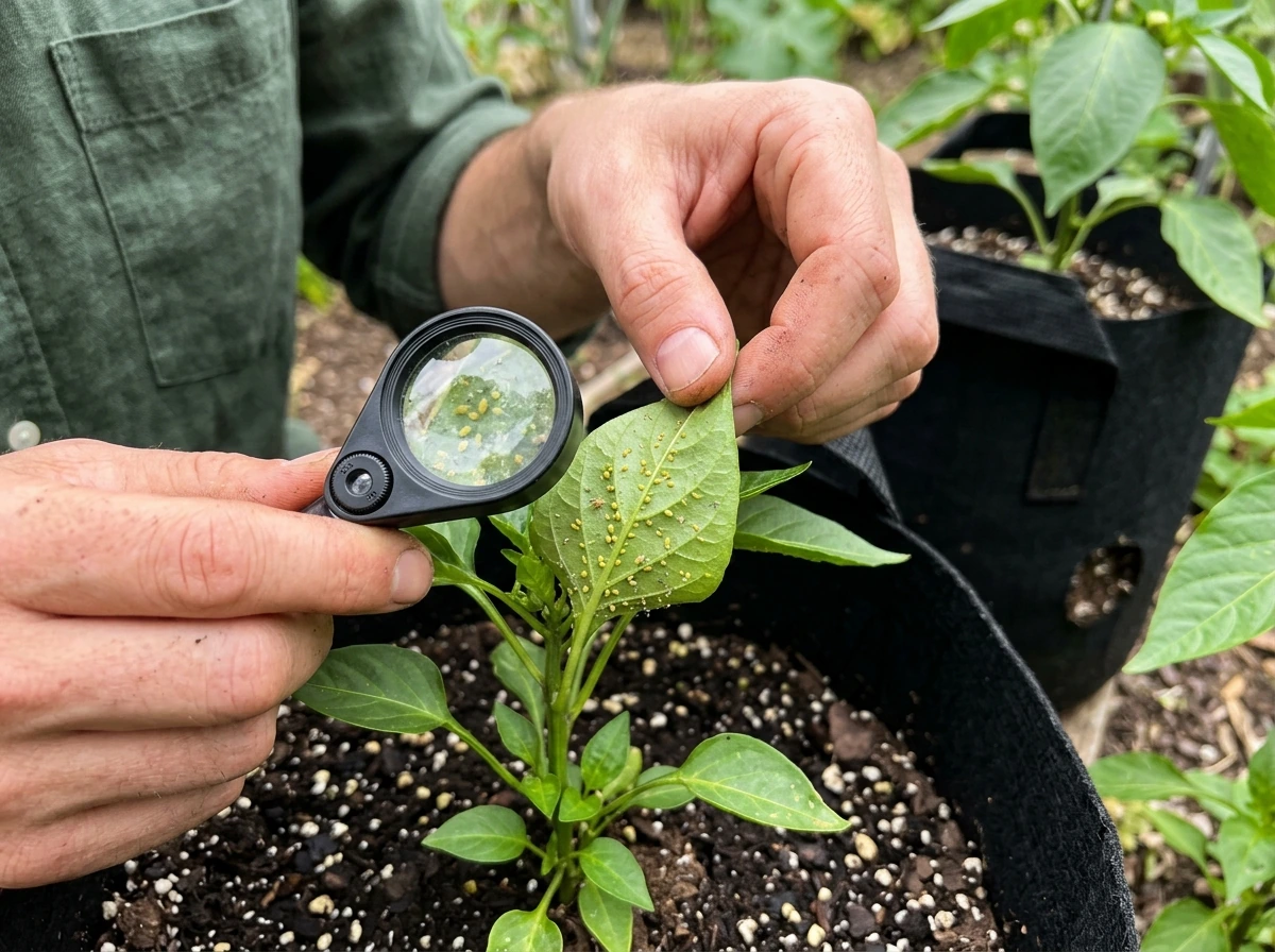 Inspecting leaves for aphids or spider mites underside