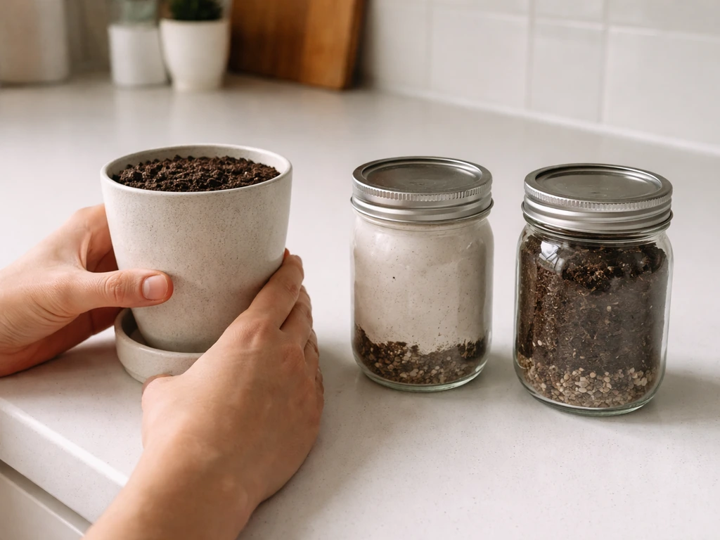 Hands holding one lavender seed-starting kit container with two other kit formats nearby on a kitchen counter.