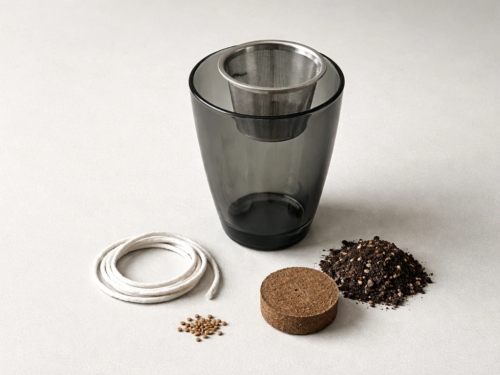 Smoked glass reservoir, stainless net pot, coco disk, grow medium, wick and seeds on a clean surface.