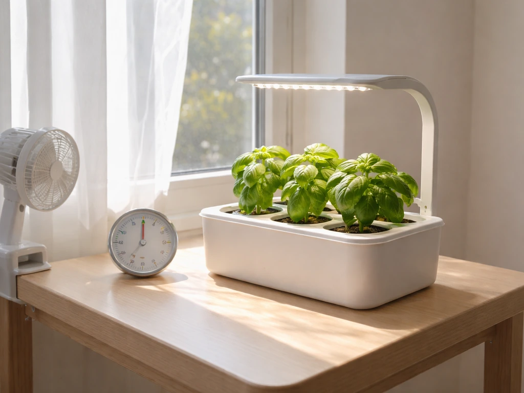 Sunlit grow kit on a tabletop by a window with an analog thermometer and small airflow device visible.