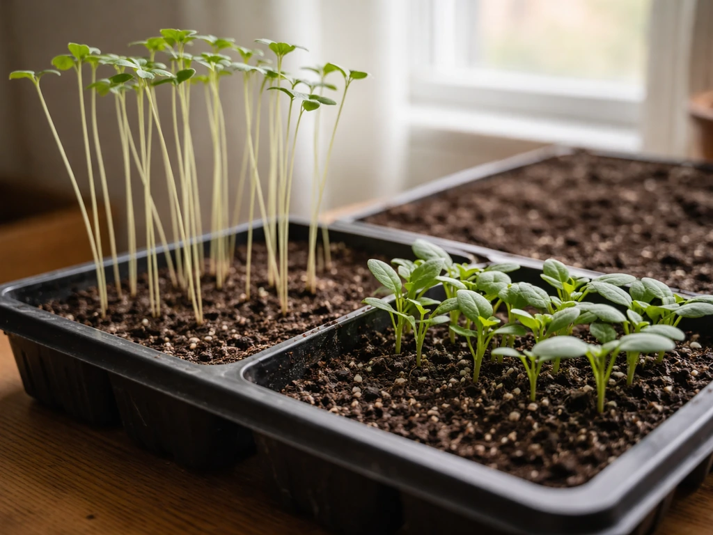 Leggy stretched seedlings next to compact well-lit seedlings in a simple indoor seed tray.