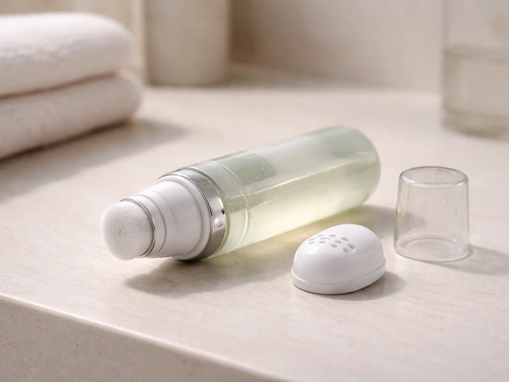 Skincare ampoule bottle with rotating brush head laid out on a bathroom counter with accessories beside it.