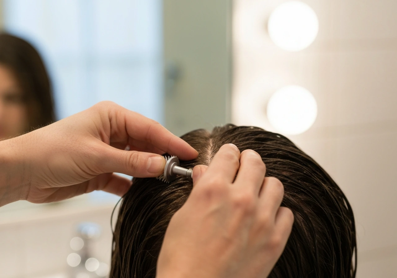 Hands parting damp hair while a rotating brush dispenses product onto exposed scalp lines