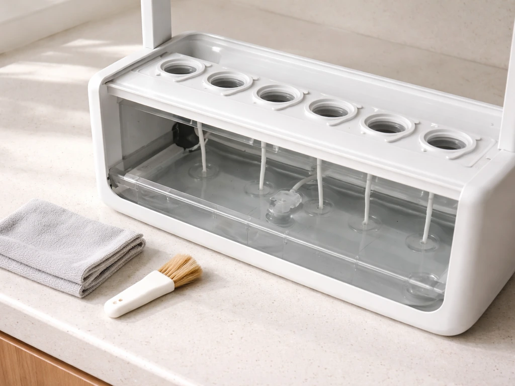 Overhead photo of an open countertop garden unit showing reservoir, pod slots, and wicks to clean.
